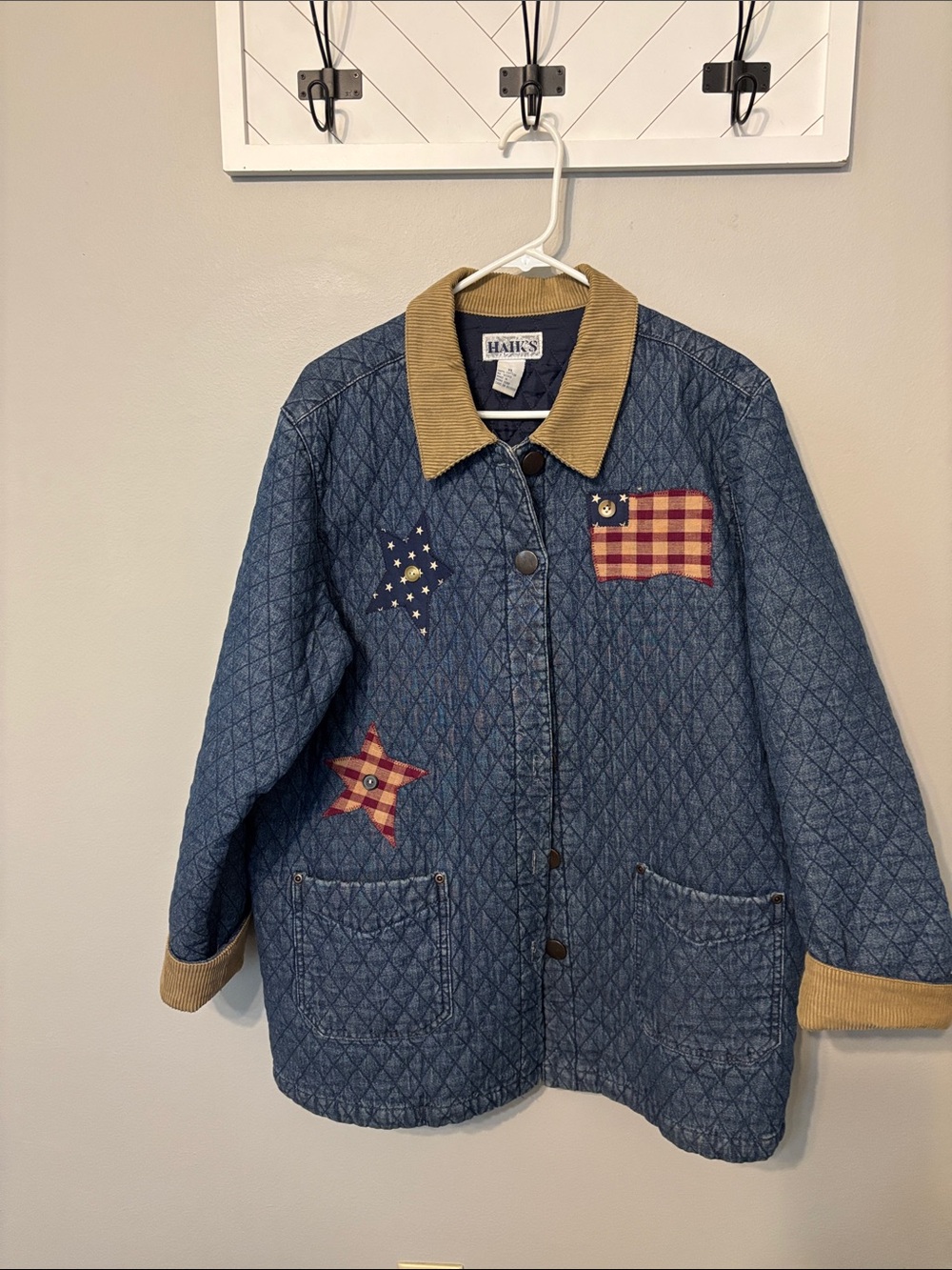Vintage 1990 Quilted Blue Jean Jacket with Tan Corduroy Collar